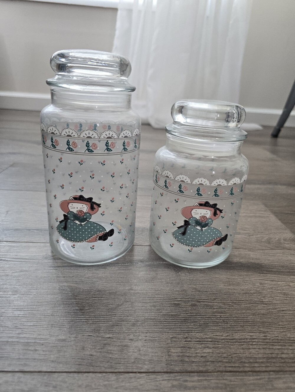 1988 CHD Country Kitty Cat Glass Canister set Of 2 Cottagecore Retro Farmhouse